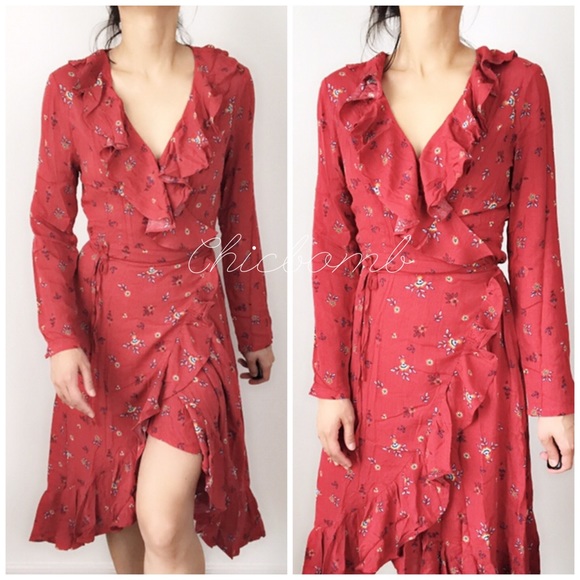 WRAP FLORAL RUFFLES DRESS - RED - Picture 2 of 5